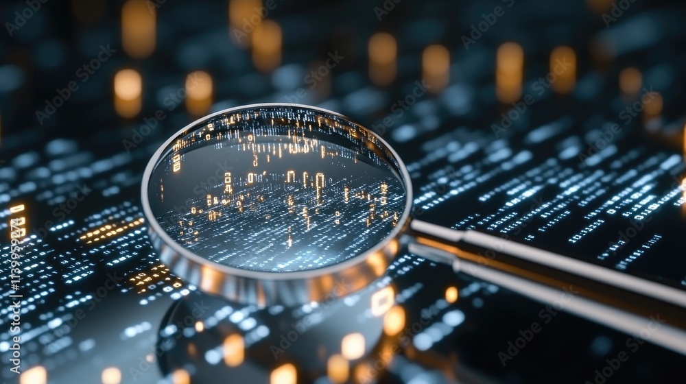 Poster a magnifying glass focuses on blue binary code, creatively representing data analysis and search eng