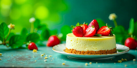 Miniature creamy cheesecake adorned with fresh strawberries, presented on a delicate plate, amidst a vibrant natural backdrop