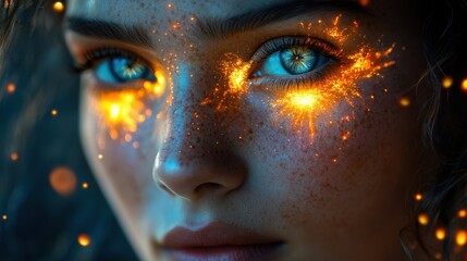 Eyes illuminate with sparks of magic in a vibrant fantasy world at twilight