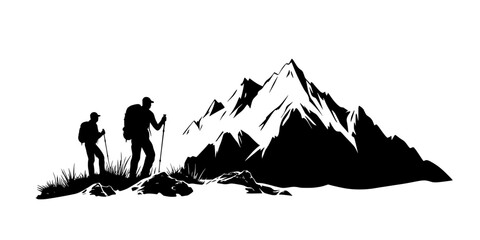Mountaineer setting up base camp in a designated area on a mountainside, Vector Graphic