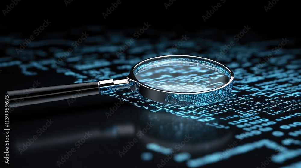 Poster a magnifying glass focuses on blue binary code, creatively representing data analysis and search eng