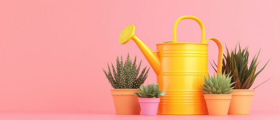 Bright yellow watering can beside various potted plants on pink background. Perfect for gardening enthusiasts and home decor