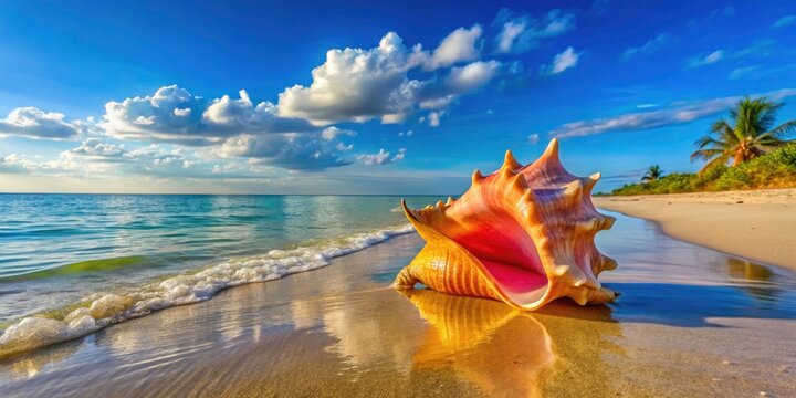 Majestic Queen Conch Shell on the Sandy Beach of Islamorada, Florida Keys - Coastal Beauty and Marine Life