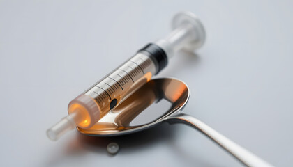 Syringe preparation spoon and prepared the heroin.opioid epidemic isolated . Shades of white., png