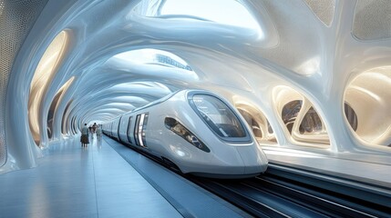 Futuristic Train Arriving at Modern Architectural Station