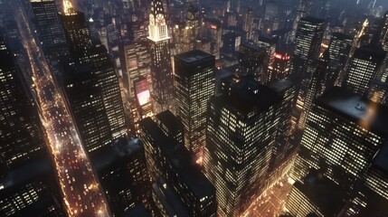 Night Metropolis: Aerial View of Illuminated Skyscrapers