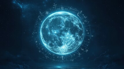 Obraz premium Celestial night with a luminous full moon surrounded by astrological symbols illuminating the starry sky