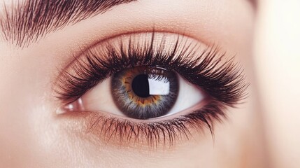 Fototapeta premium Close-up of eyelash extensions with a mix of lengths, applied to create a natural yet voluminous effect.