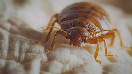 High-definition macro view of a bedbug crawling on the surface of a bed, highlighting its tiny legs and brown shell