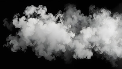 White horizontal smoke collection on black background. Fog or smoke set isolated on black background. White cloudiness, mist or smog background isolated . Shades of white., png