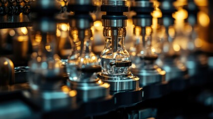 Close-up of nozzles filling water bottles with precision in a state-of-the-art bottling factory.