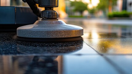 Close-up of rotating pads on a polishing machine, scrubbing a granite floor in an outdoor area.