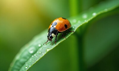 Macro photograph ladybug on green leaf vibrant orange