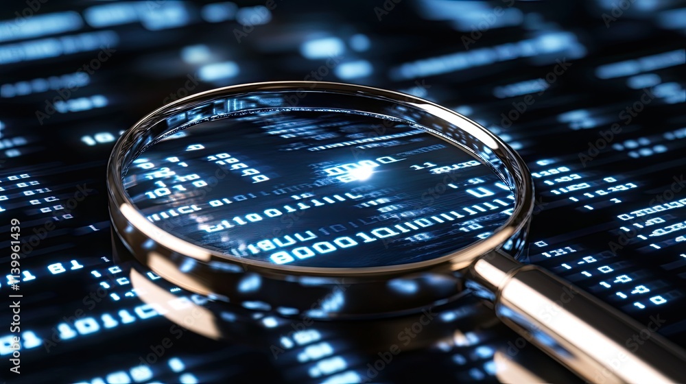 Poster a magnifying glass focuses on blue binary code, creatively representing data analysis and search eng
