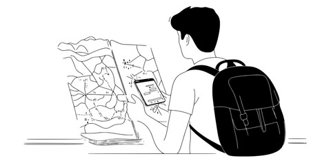 Traveler creating a daily itinerary for a solo vacation, Vector Graphic