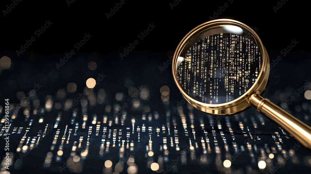 Poster a magnifying glass focuses on blue binary code, creatively representing data analysis and search eng