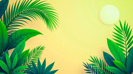 Obraz premium Tropical Foliage Frame with a Circular Element on a Pale Yellow Background