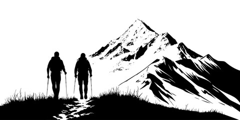 Obraz premium Two hikers ascending a steep trail toward a distant mountain peak, Vector Graphic