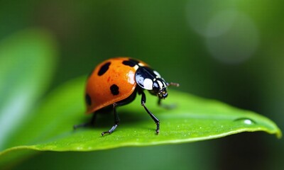Fototapeta premium Macro photograph ladybug on green leaf vibrant orange