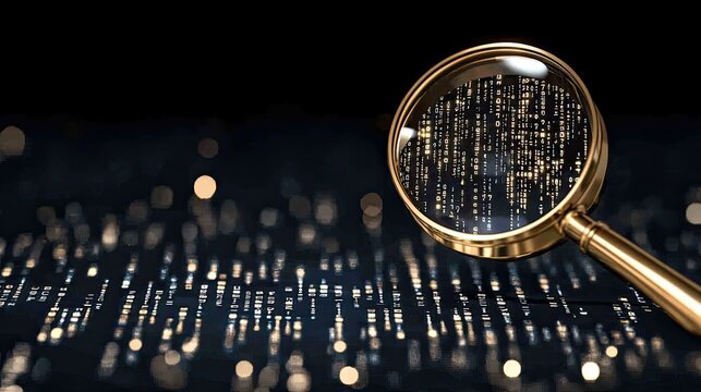 A magnifying glass focuses on blue binary code, creatively representing data analysis and search engine optimization in a humorous style - Powered by Adobe