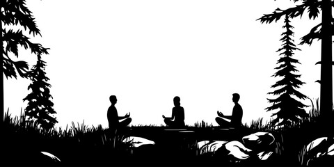 Visitors attending mindfulness workshops in a forest as part of a nature retreat program, Vector Graphic