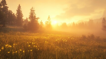 Obraz premium Golden Sunrise Over Misty Meadow and Pine Trees