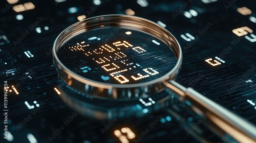Poster a magnifying glass focuses on blue binary code, creatively representing data analysis and search eng