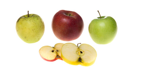 green and red apple sliced apples pieces on isolated white png transparent background