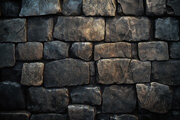 Obraz premium A textured stone wall composed of irregularly shaped dark stones.