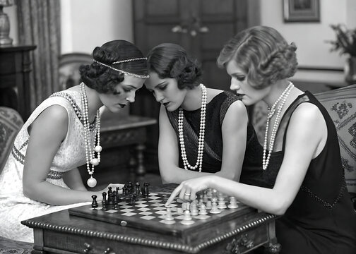 Elegant 1920s Flappers Playing Chess Pearls, Style, Strategy.