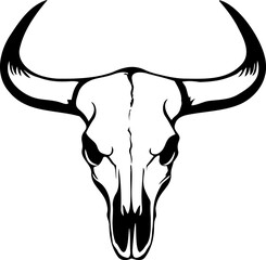 Illustration of a bull skull in black and white style.