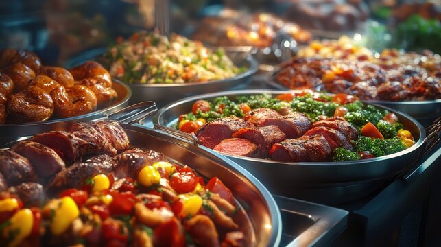 Gourmet buffet display featuring roasted meats, vegetables and side dishes in stainless steel chafing dishes with warm lighting and bokeh effect