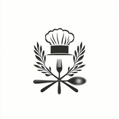 Fototapeta premium Chef hat, crossed cutlery, and olive branches logo.