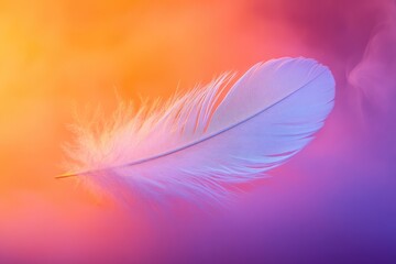 Obraz premium A single, delicate white feather floats against a vibrant orange and purple backdrop, creating a serene and ethereal image.