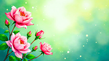 Elegant Pink Roses Blooming on a Soft Green Background, a Delightful Floral Illustration Perfect for Springtime Greetings and Romantic Designs
