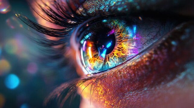 Extreme macro photograph of human eye with colorful reflections, showing detailed iris texture in vibrant rainbow colors with artistic lighting effects