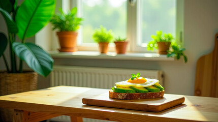 Sunny Morning Avocado Toast with Fried Egg on Wooden Board