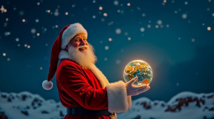 Naklejka premium Santa Claus holding a globe in his hand