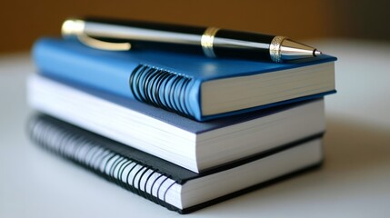 Spiral-bound notebooks stacked with a pen