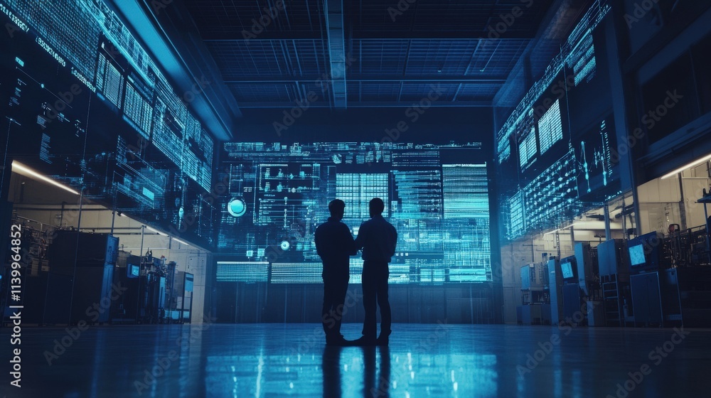 Poster two men observe vast data streams in a modern facility