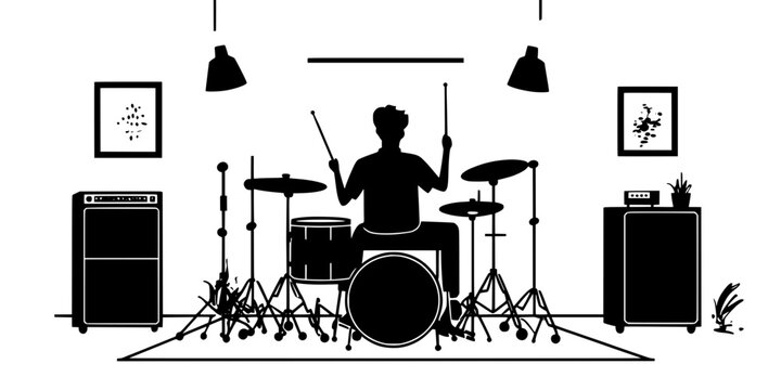 Musician practicing drumming techniques in a soundproof room, Digital Art
