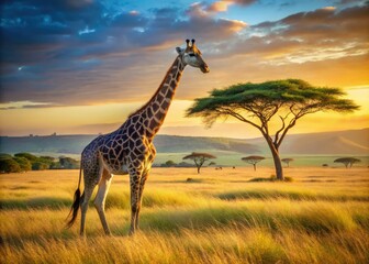 Obraz premium African sunset paints the savanna gold, highlighting giraffes in a stunning wildlife photography moment.