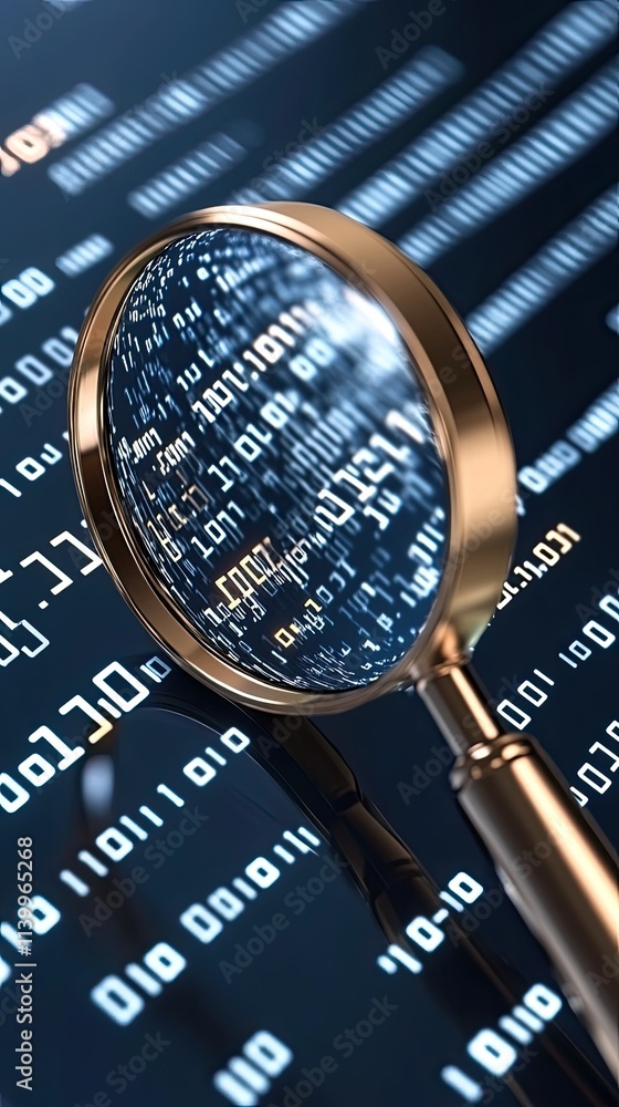 Poster a magnifying glass focuses on blue binary code, creatively representing data analysis and search eng