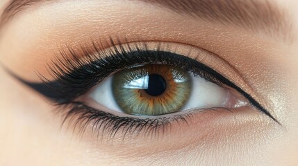Obraz premium Detailed shot of an eye with perfectly applied eyelash extensions, showcasing long, dramatic lashes and a soft eyeliner.