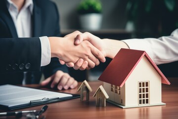 Businessmen shaking hands after signing a contract for a new house, real estate deal concept