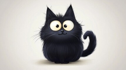 Obraz premium Happy cartoon black cat with a curled tail and wide eyes, drawn in a charming style with a clear background