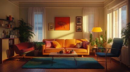 Sunlit Living Room With Mid Century Modern Furniture