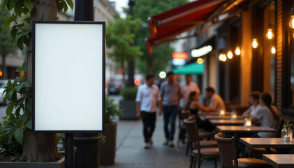 Small Mockup Billboard for Menu, Restaurant, Cafe, Dinner, Pedestrians in the City, Blurred Background on Wooden Table, Outdoor with Sunset Light