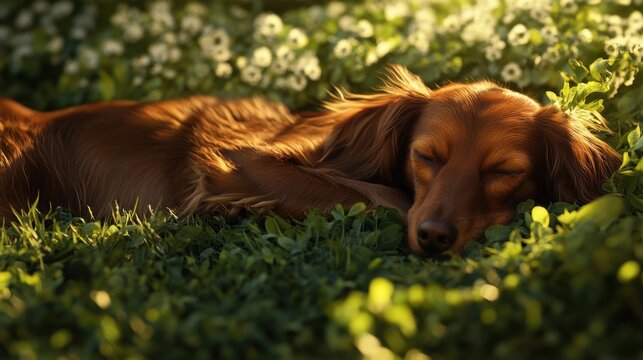 A brown dog is comfortably laying in the grass and gazing at the camera