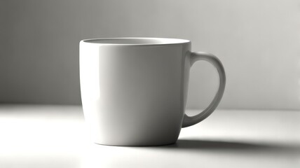 Obraz premium A minimalist white mug sits on a clean, simple surface, beautifully showcasing its sleek design in soft lighting, perfect for enjoying your favorite beverage.